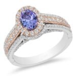 ENCHANTED ARIEL OVAL TANZANITE AND CRYSTAL DOUBLE FRAME ENGAGEMENT RING IN TWO-TONE COPPER AND ZINC ALLOY