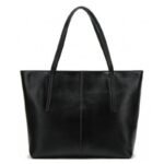 LARGE LEATHER SHOULDER BAG WORK TOTE WITH ZIPPERS - BLACK